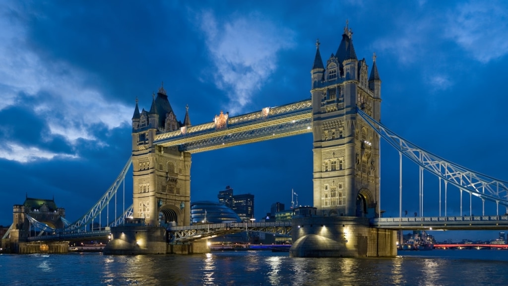 Tower Bridge as viewed from the North-East near St Katherine Dock.